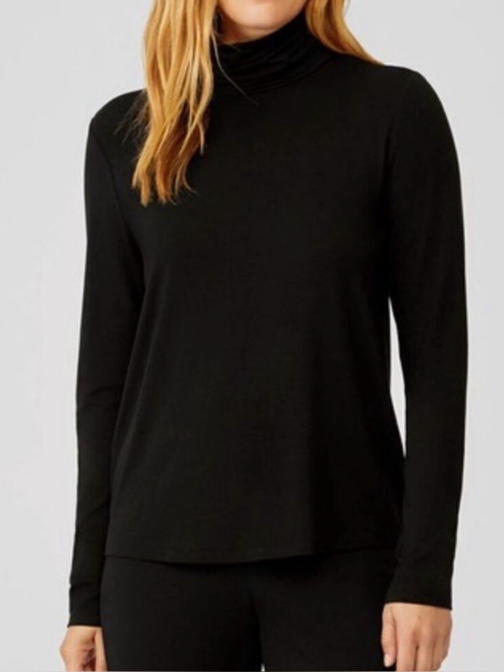 Eileen Fisher Stretch Jersey Funnel-Neck Long Sleeve Top in Black.